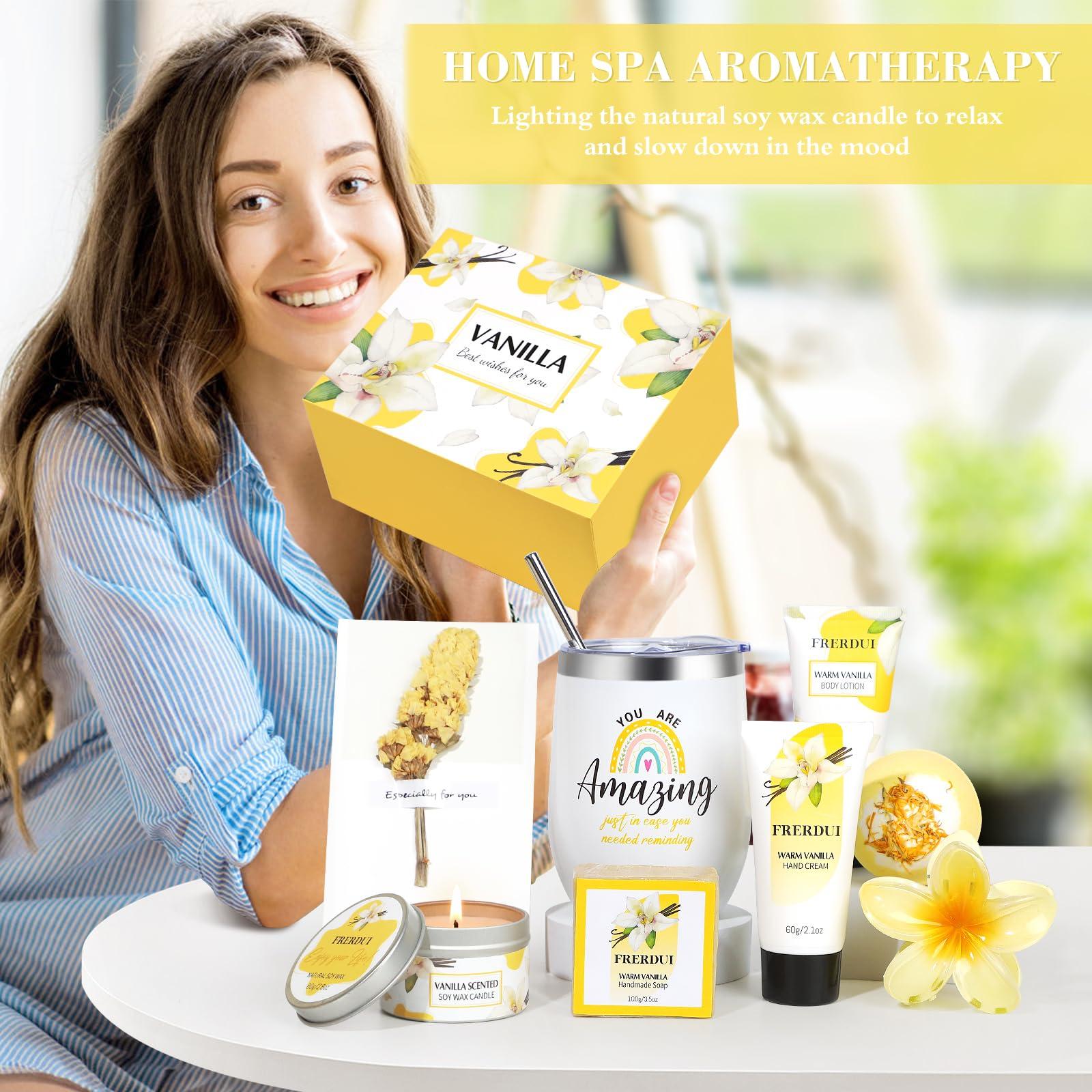 Frerdui Birthday Gifts for Women, Relaxing Spa Gifts Baskets for Women, Warm Vanilla Self Care Gifts Bath and Body Gifts Set Care Package for Women, Her ,Wife, Mom, Female Friends, Bestie, Mother\'s Day Gifts