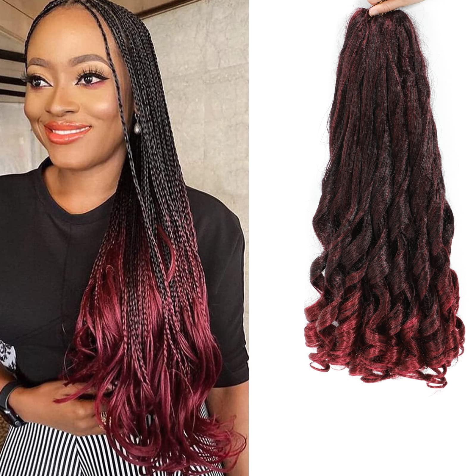 Flagship Burgundy French Curly Braiding Hair 8packs 16 inch Tbug Pre Stretched Curly Ombre Braiding Hair for Goddess Box Braids Hair Dark Red Bounce Curl Loose Wave Crochet Braids for Black Women Extensions