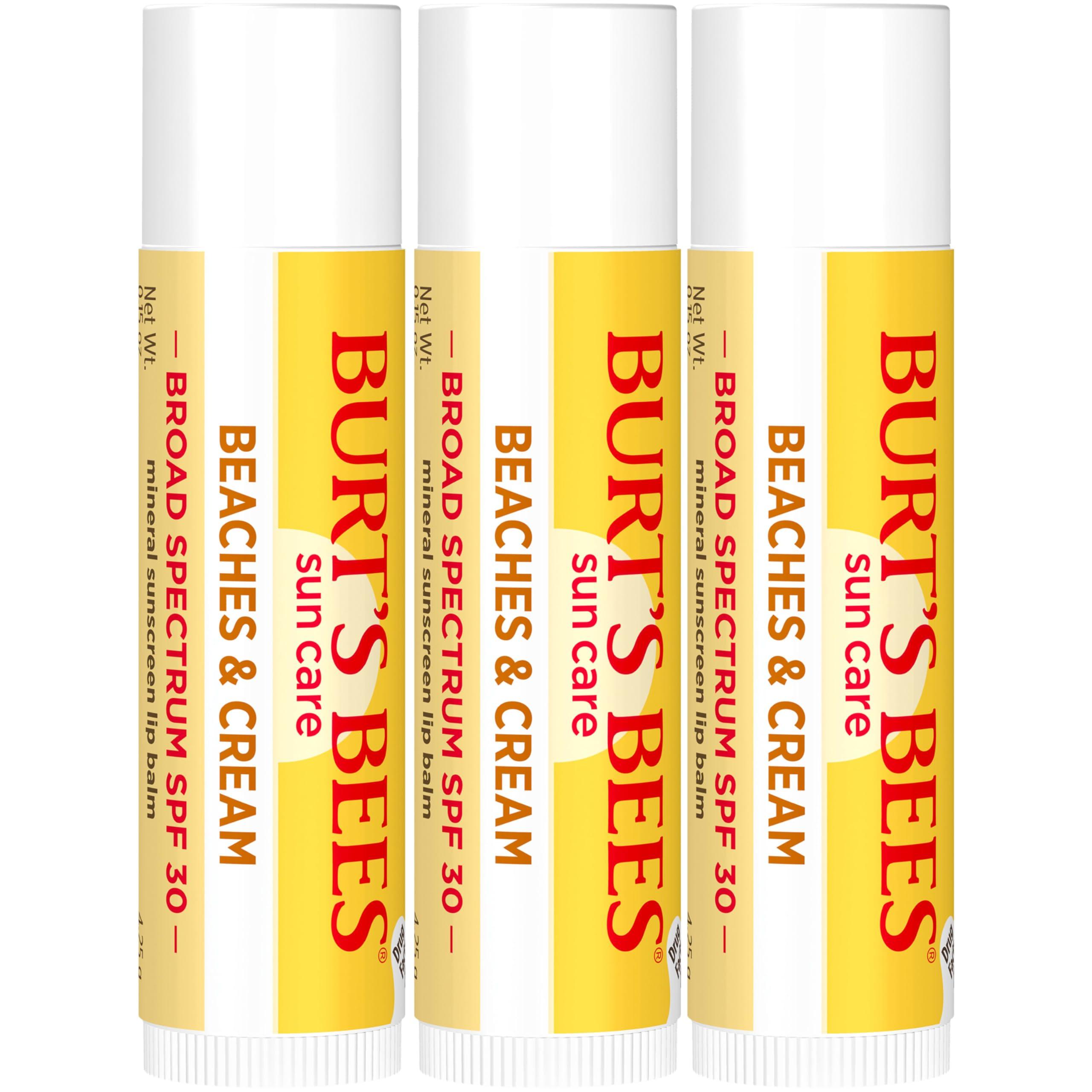 Burt's Bees Burts Bees SPF 30 Lip Balm, Beaches and Cream, Water-Resistant Sun Care, Nano-Free Zinc Oxide Formula, Natural Origin Conditioning Lip Treatment, 3 Tubes, 0.15 oz.
