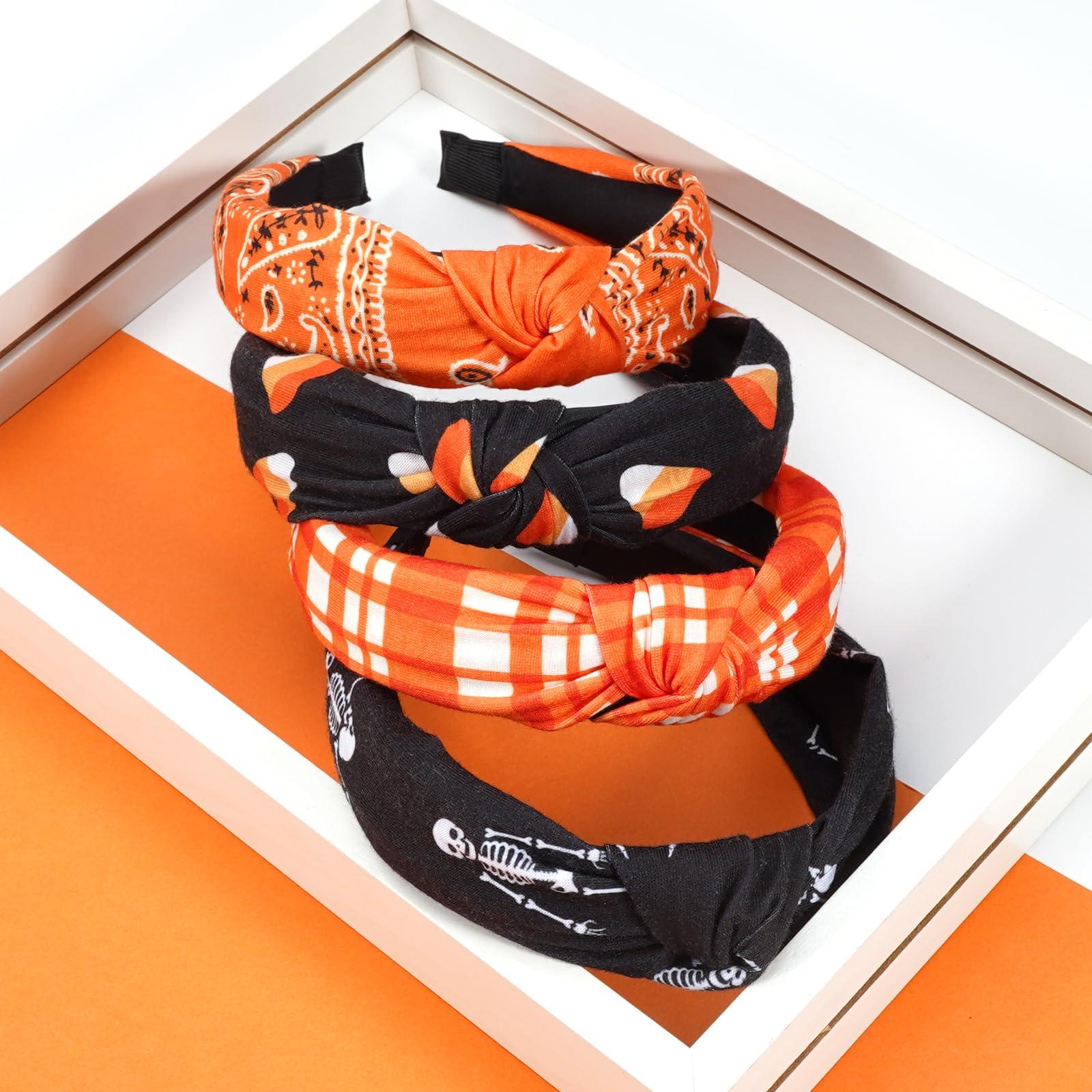 Bookay Halloween Headbands for Women Girls Skeleton Skull Candy Wide Knot Heabdand Fall Orange Bandana Plaid Hairbands Hair Accessories Halloween Party Outfit Gifts