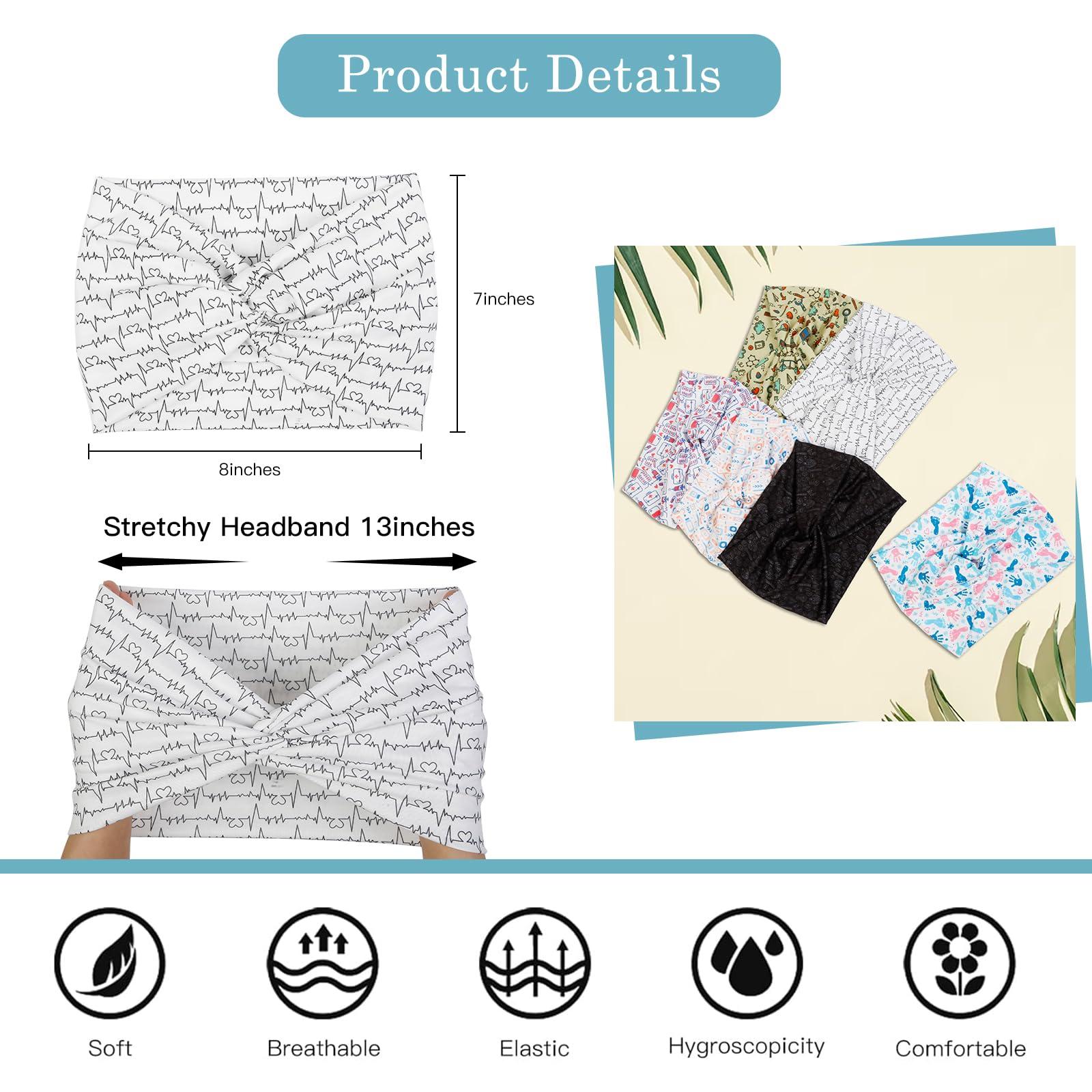 Tobeffect Tobeffect Extra Wide Turban Headbands for Women, 7\'\' Large Wide Headband for Nursing Cute Printed Nurse Head Bands Twisted Knotted Hairbands Non Slip Cloth Headbands for Women Hair Accessories 6 Pack