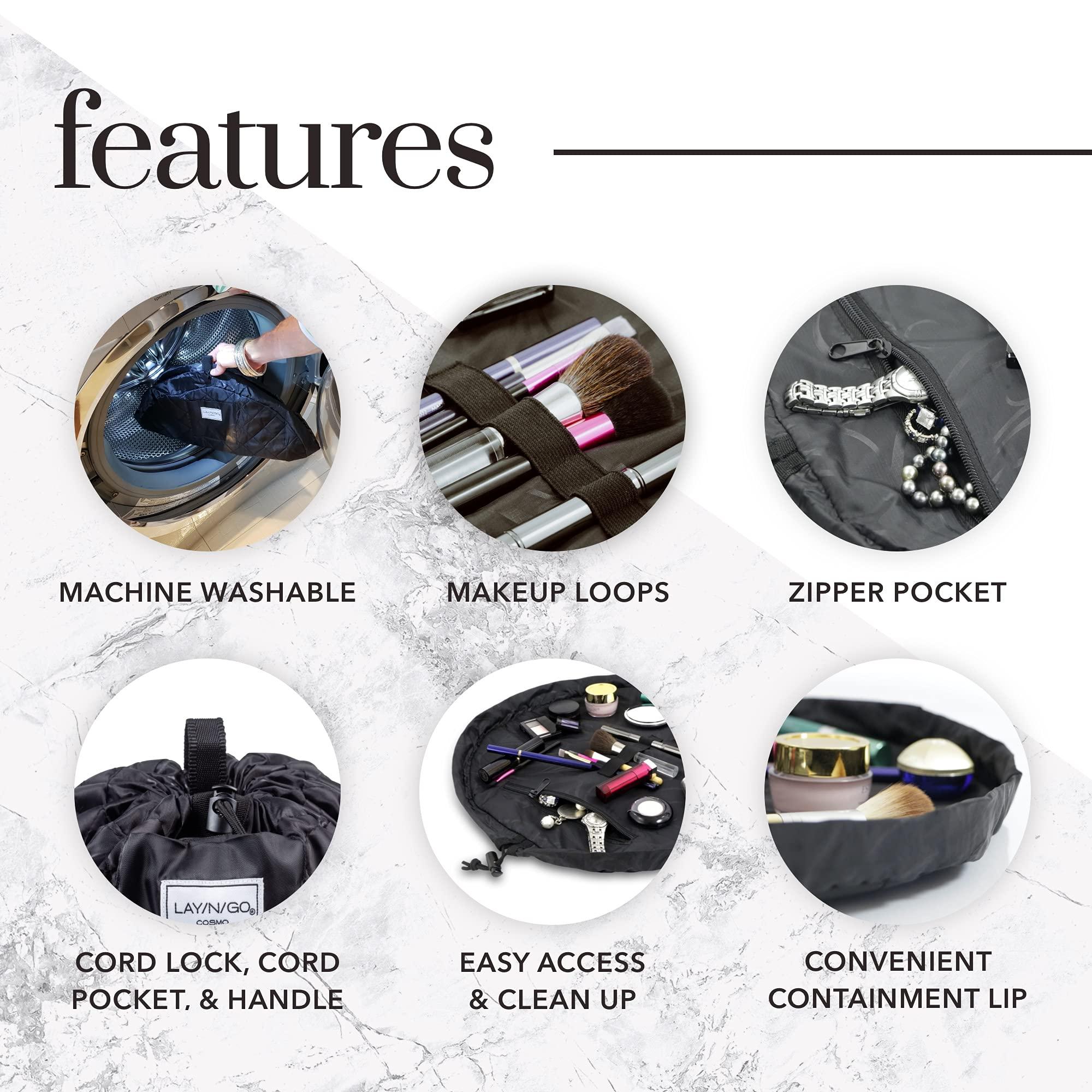 Lay-n-Go Lay-n-Go Cosmo Drawstring Cosmetic & Makeup Bag Organizer - Portable Drawstring Makeup Bag w/Zipper Pocket, Makeup Loops & More - Durable, Machine Washable Makeup Bag for Travel (20, Lips/Black)