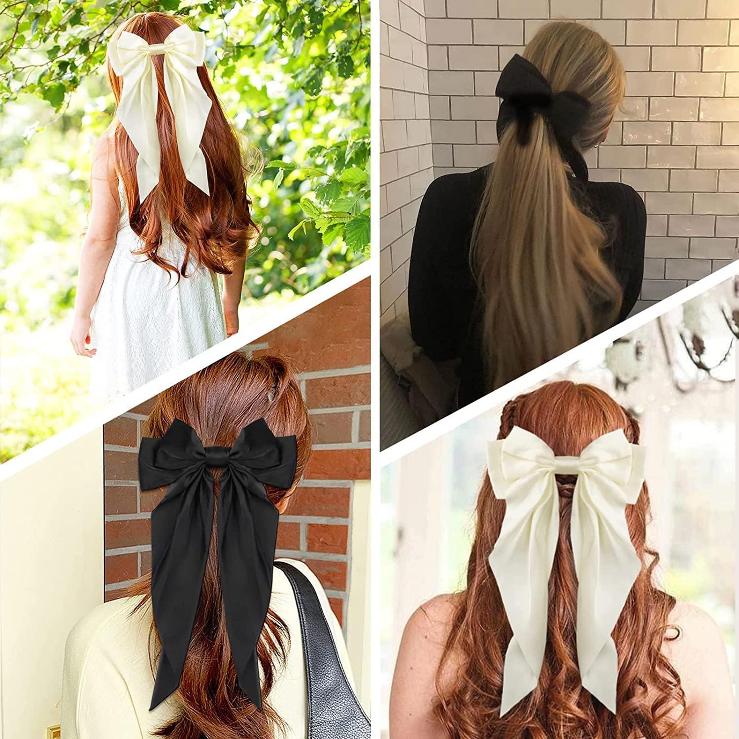 M.T. BROTHERS M T BROTHERS - Big Satin Layered Hair Bows for Women Girls 11 Inch Barrette Hair Clip Long Black Ribbon Bows French Style Hair Accessories (WHITE)