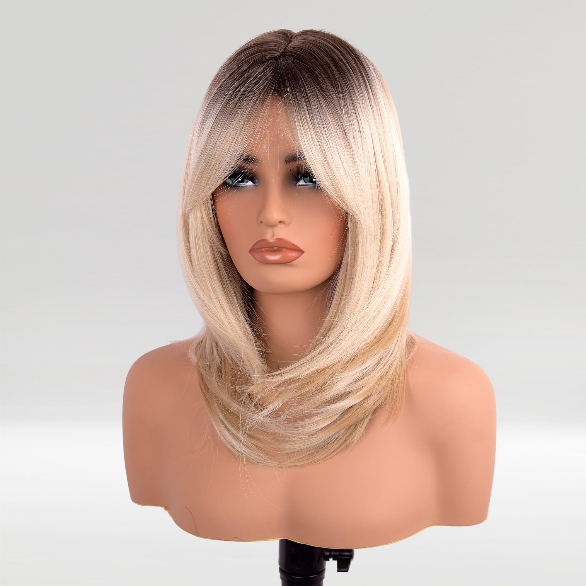 vedar vedar Honey Blonde Wigs with Bangs, Ombre Brown to Blonde Synthetic Hair Wig, Middle Part Shoulder Length Part Natural Straight Wigs for Women, VEDAR-163