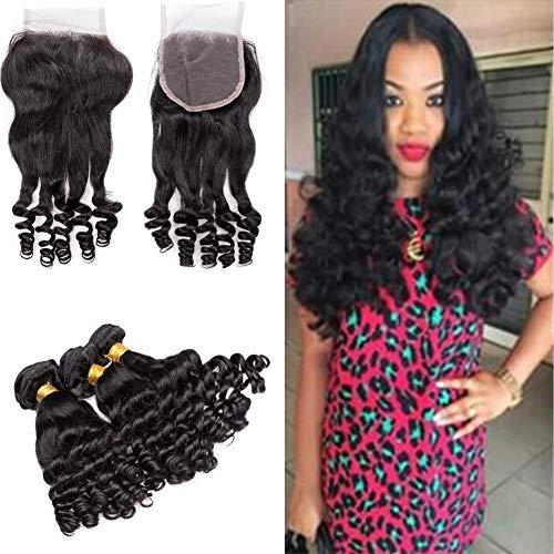 Generic Cloud Hair 9A Aunty Funmi Hair Spiral Curls Weave With Closure 4Pcs Lot Brazilian Human Hair Bouncy Curly Hair Weft With Closure (14 16 18+12 inch closure)