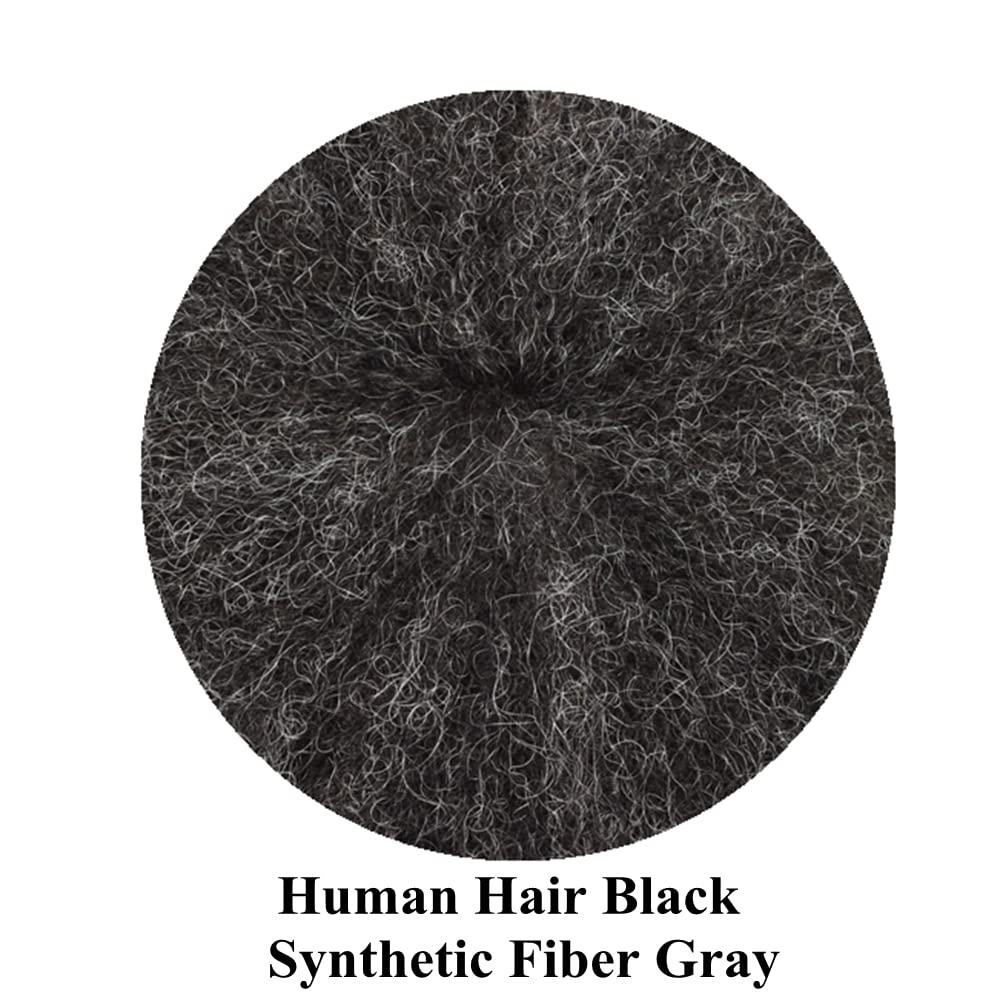 Generic Afro Toupee for Black Men Weave Units Full Poly PU African Americna Men Wigs Hand Tied Human Hair Replacement System Afro Kinky Curls Mens Toupee (6MM Wavy, 140# Jet Black With 40% Synthetic Gray)