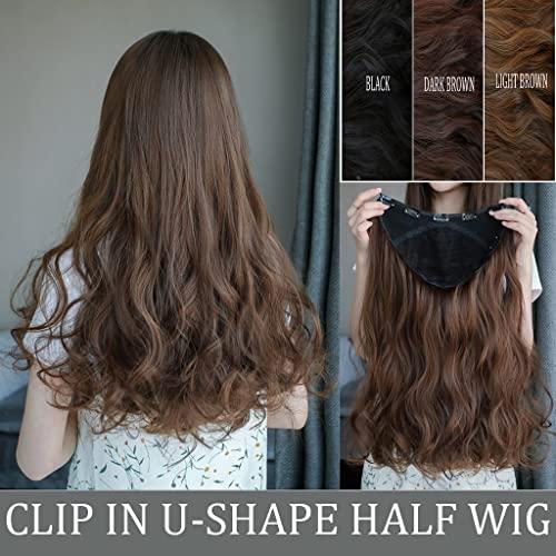 LesafeV 3/4 U-Shape Half Wig Clip in Seamless 24" Hair Extension Natural Synthetic Hair Piece Light Brown