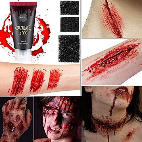 Afflano Special Effects FX Halloween Makeup Set,Afflano Nose & Scar Wax 60g+Coagulated Blood+Stipple Sponge*3+Spatula+Skin Wax Extension Oil,Festival Stage Theatrical Wound Modeling Scar-for Black Skin-12 Kit