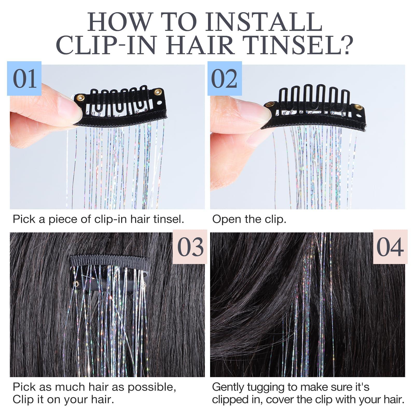 DOORES DOORES Hair Tinsel Kit 6 Pcs Tinsel Hair Extensions, 24 Inch Fairy Hair Accessories Dazzle Hair Sparkle Strands Shiny Glitter Hair Extensions Pink Hair Clip ins Hair Tinsel Kit for Girls (Pink)