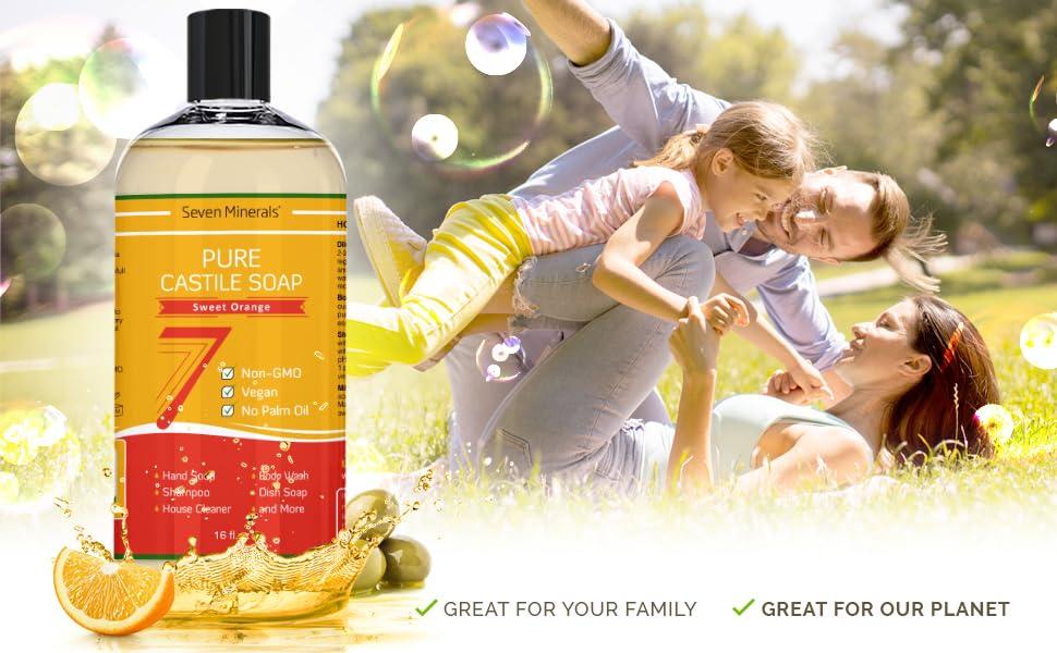 Seven Minerals Pure Castile Soap, Sweet Orange - No Palm Oil, GMO-Free - Gentle Liquid Soap For Sensitive Skin & Baby Wash - All Natural Vegan Formula with Organic Carrier Oils