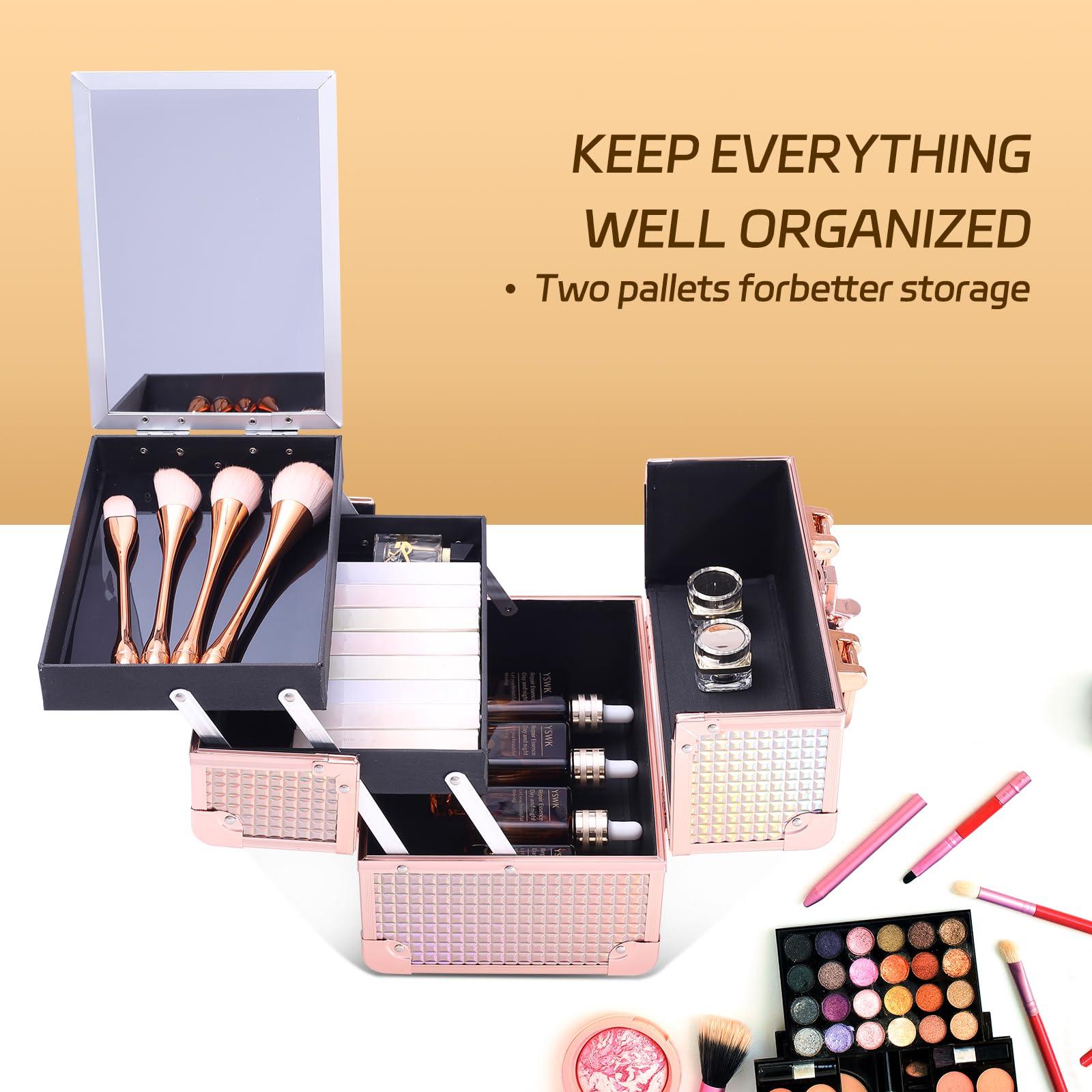Trotianingyu Makeup Train Case Lightweight Cosmetic Box Portable Lockable Makeup Case Organizer 2 Trays Makeup Storage with Mirror Locking for Traveling Makeup Storage Box-Rose Gold