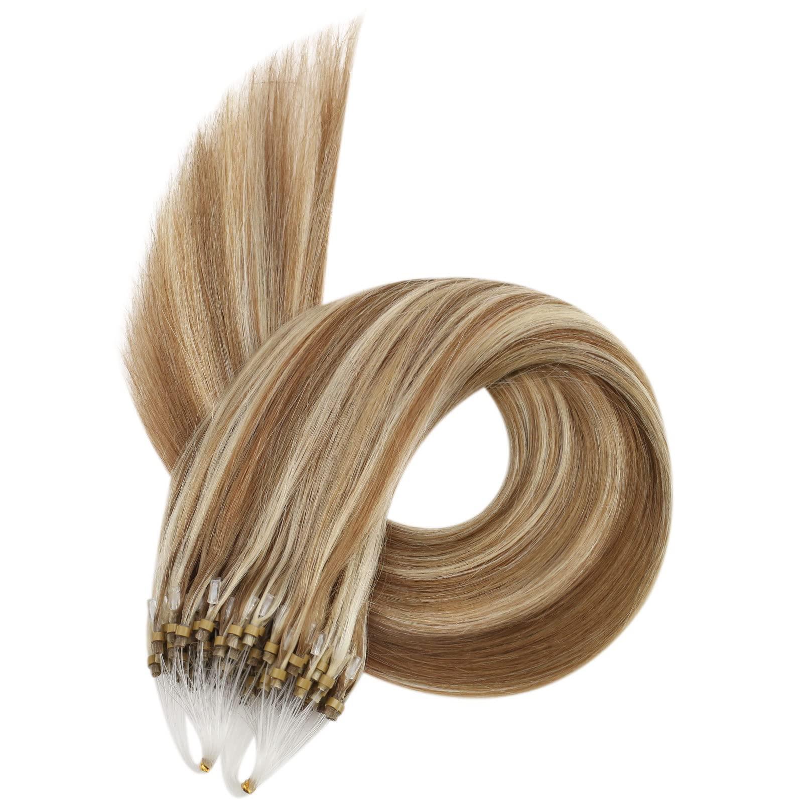 Ugeat Ugeat Micro Beads Hair Extensions Golden Brown Highlights Bleach Blonde Micro Loop Hair Extensions Bleach Blonde Micro Rings Hair Extensions Straight Human Cold Fusion Hair Extensions 50s 50g 24 Inch