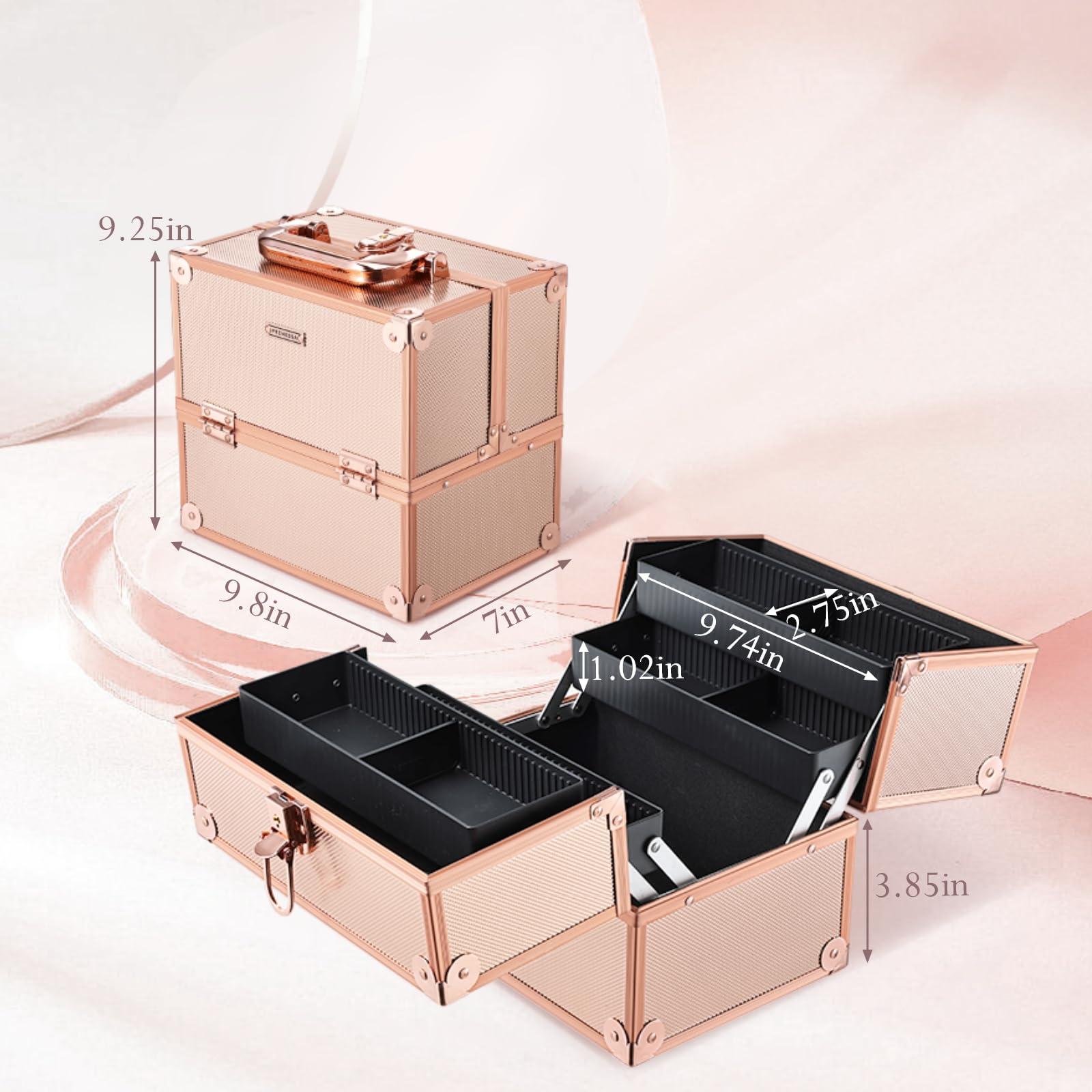 FRENESSA FRENESSA Makeup Train Case Makeup Case Travel Cosmetic Box Organizer Portable Make Up Box with Dividers Lockable for Artist Nail Sewing Vanity Storage Makeup Travel Case Rose Gold