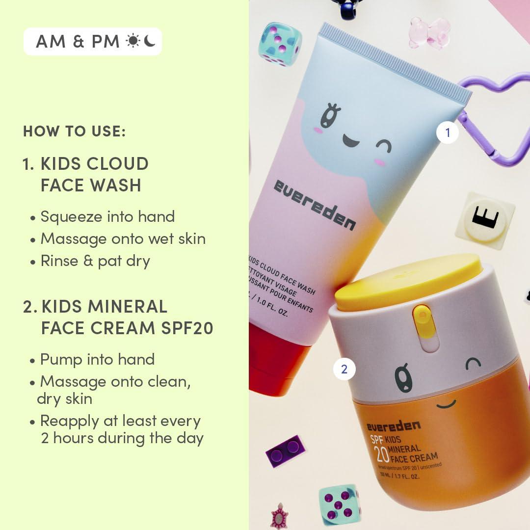 Evereden Kids Happy Morning DUO: Clean & Vegan Skin Care for Kids Bundle | Kids Skin Care Cloud Face Wash + SPF 20 Mineral Face Cream | Non-Toxic | Non-Comedogenic | Fun | Easy-to-Use Skincare for Kids