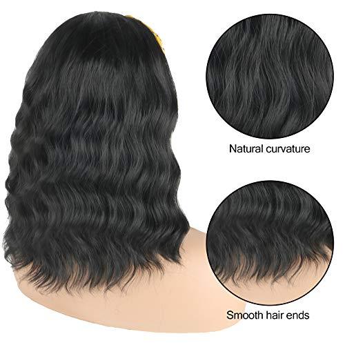 Oseti Oseti Short Curly Headband Wigs for Black Women Black Wavy Wigs with Headbands Attached Body Wave Wig Head Wrap Wigs with Ice Silk Turban Synthetic Headband Wigs for Women Short Loose Bob Wig 14Inch