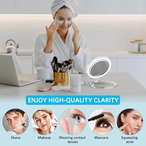 WEILY WEILY Magnifying Mirror with Light, 10X/1X Magnification Double-Sided Travel Makeup Mirror, with 3 Color Lights, Touch Control, Rechargeable Portable Mirror for Bedroom, Bathroom (White)