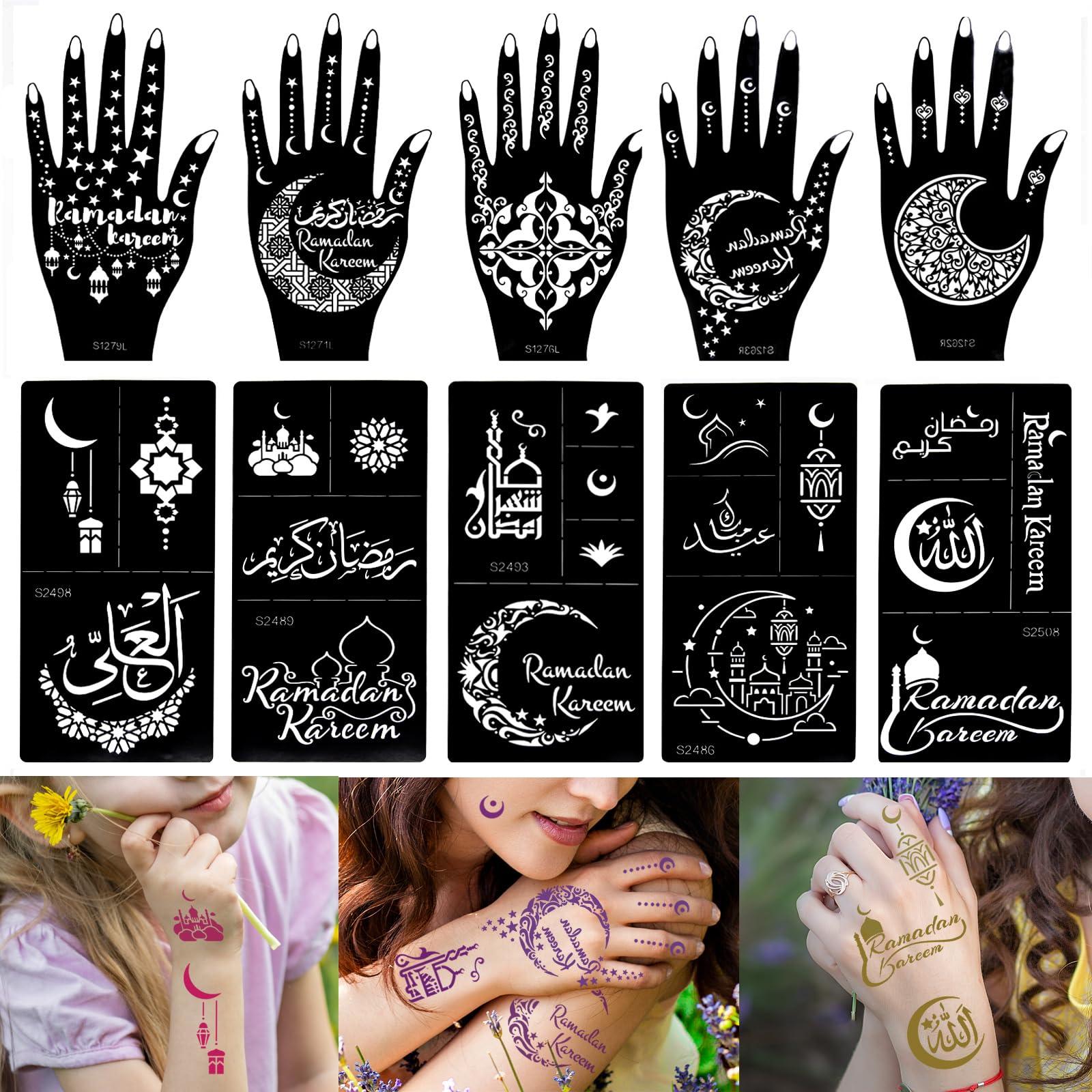 XMASIR Xmasir 10 Sheets Henna Tattoo Stencil Kit Ramadan Tattoo Templates Temporary Tattoos Stickers Reusable Set for Body Art Paint