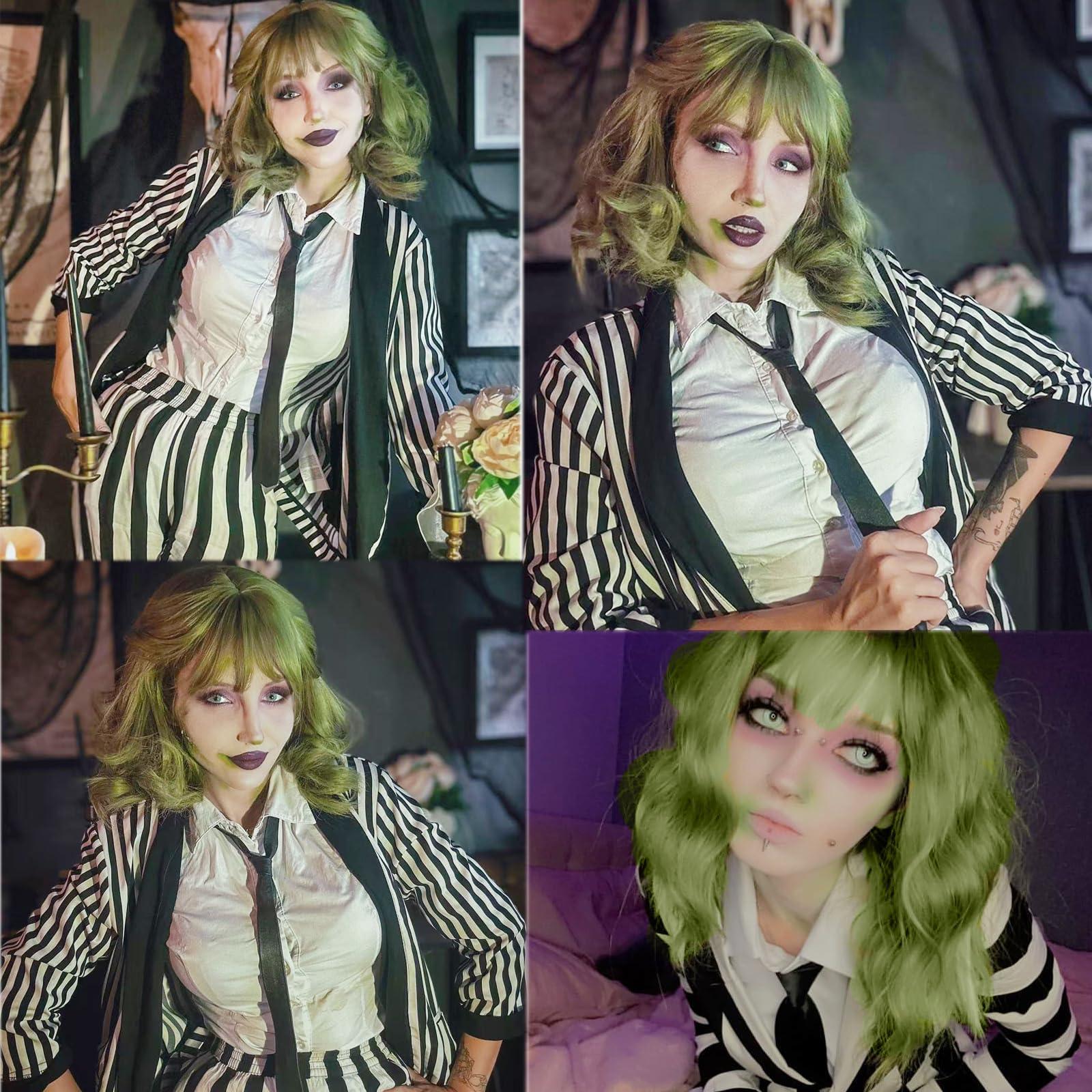 incohair incohair Green Wigs matcha green Wig with Bangs Women Girls Short Curly Wavy Bob Wig Shoulder Synthetic Party Wigs Wig Cap Included (matcha green)