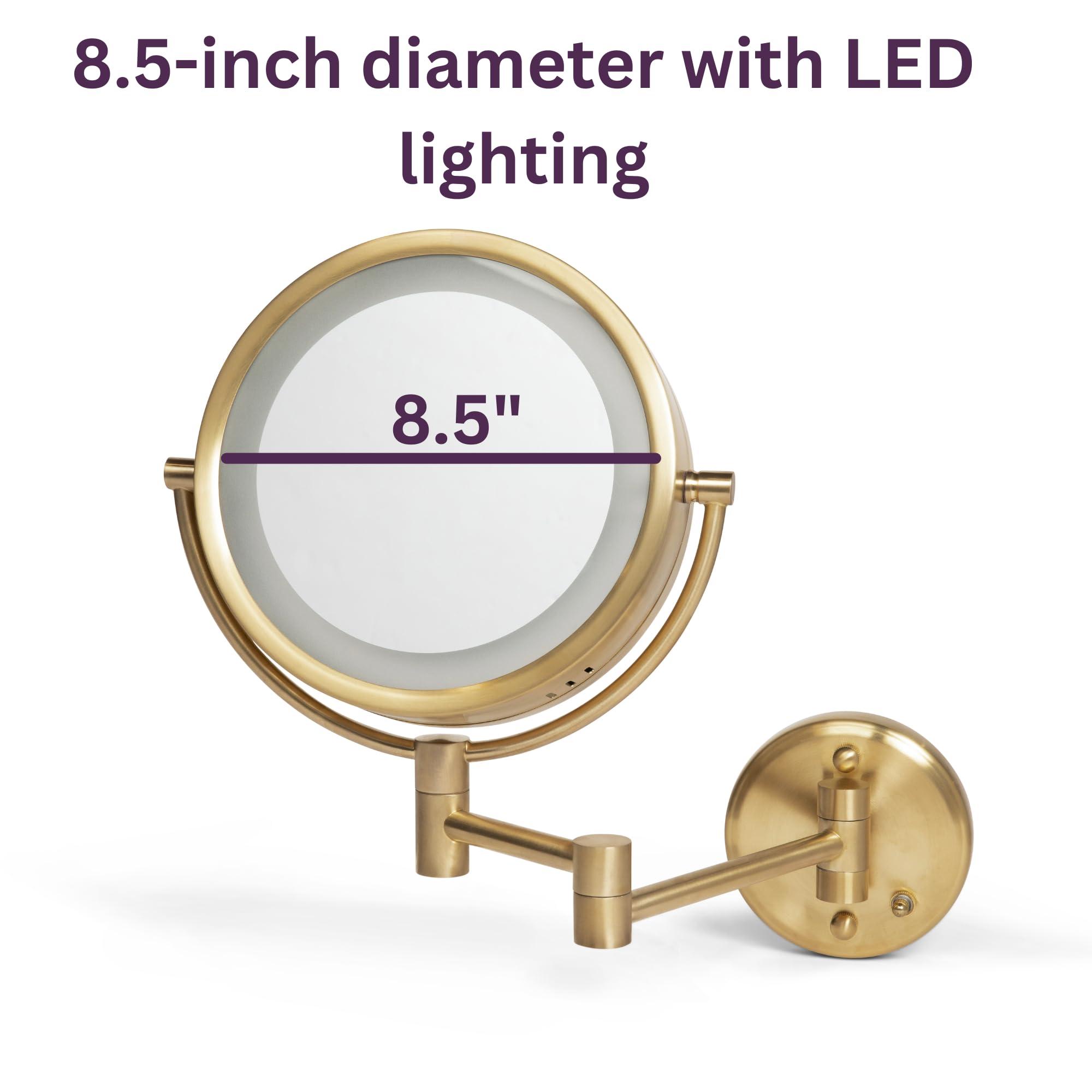 JERDON JERDON Wall-Mounted Makeup Mirror with Lights - Direct Wire Lighted Makeup Mirror with 8X Magnification - 8.5-inch Diameter Mirror with Gold Finish Wall Mount - Model HL75BGD