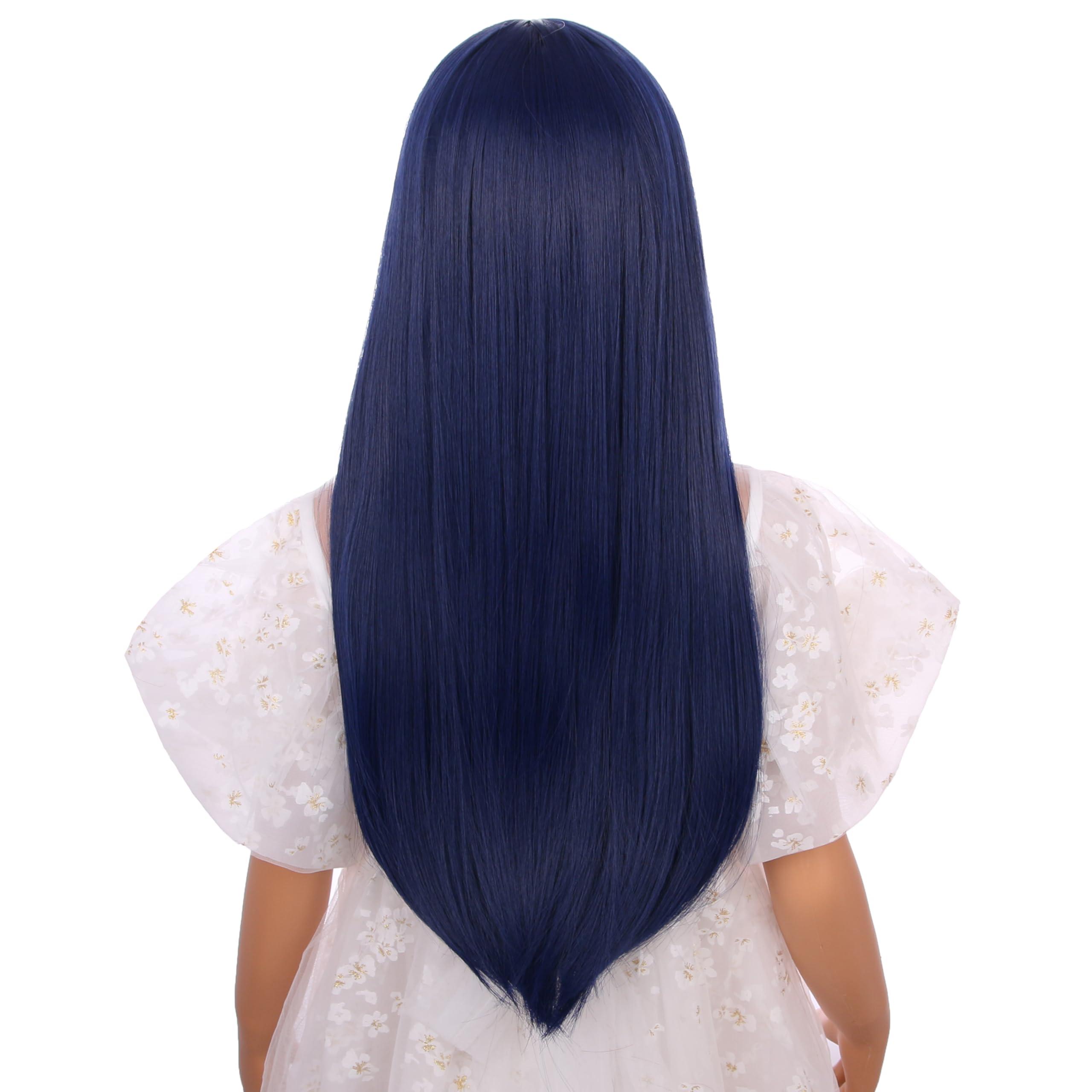 Edivd Edivd Dark Blue Wig for Kids Long Navy Blue Wig with Air Bangs for Girls Child Long Blue Straight Wig Heat Resistant Synthetic Wig with Wig Cap
