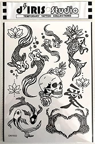d'IRIS studio Temporary Tattoos for Adult Women - 2 Sheets - Black Big Ying and Yang Koi Fish Kanji Love Skeleton Heart Hand Skull Lotus Sleeve Adults Tattoo