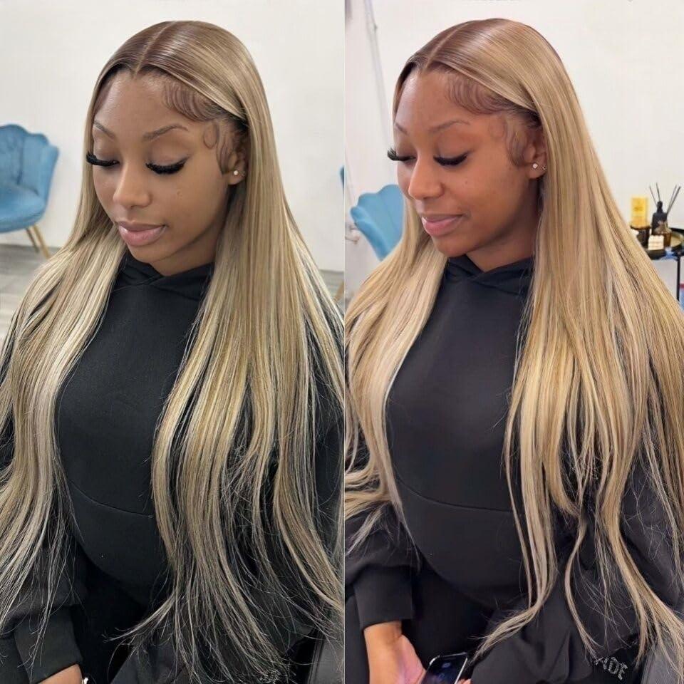 koinu Ash Blonde Wig Human Hair 13x4 Transparent Lace Front Wigs Human Hair 200% Density Ash Blonde Straight Lace Front Wigs for Black Women Pre Plucked Dark Brown Roots Human Hair Wig Pre Plucked 30 Inch