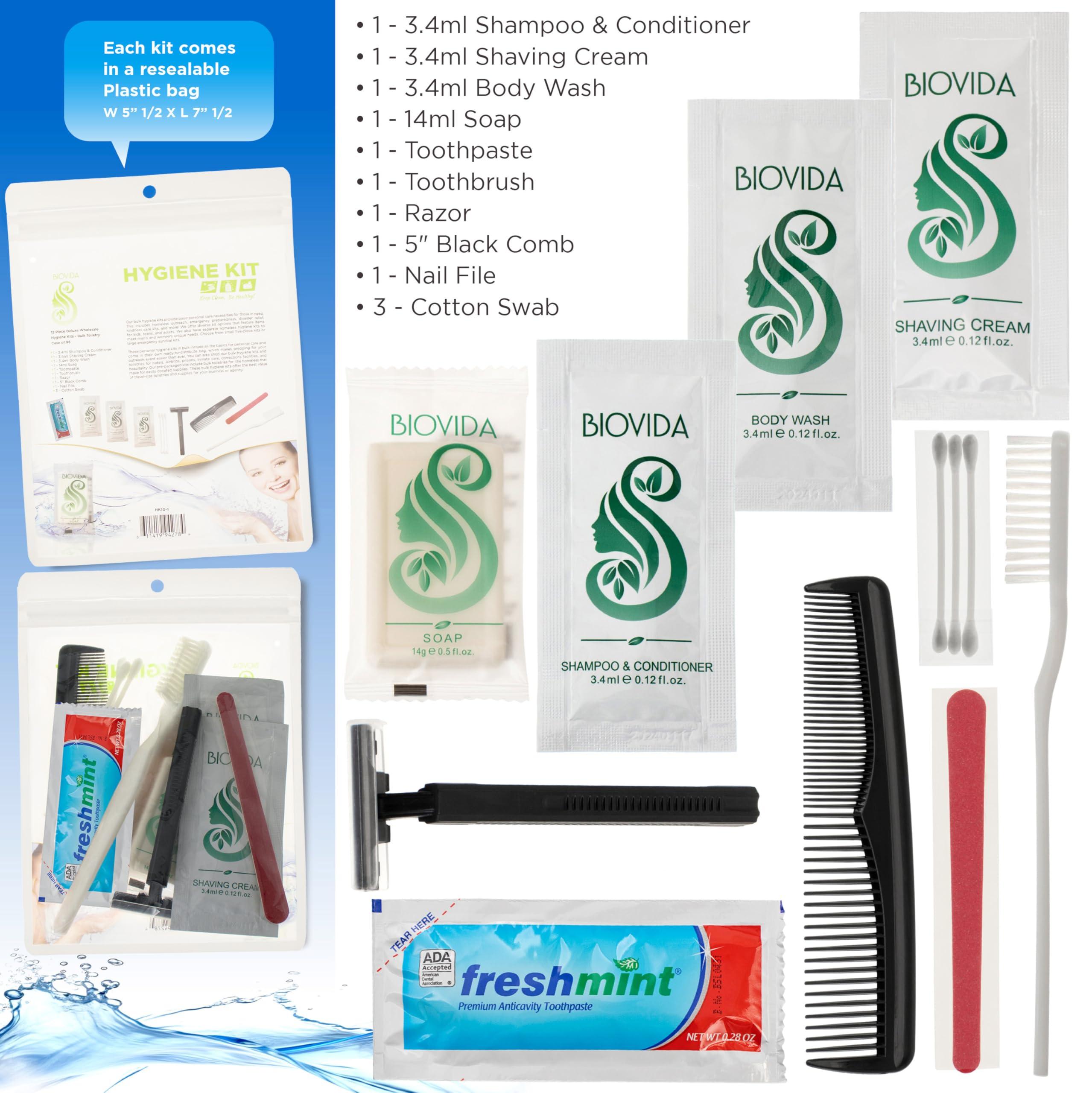 Moda West Moda West 96 Hygiene Kits - Bulk Case of Wholesale Basic Toiletry Kits for Men, Women, Travel, Charity 12 Pc Kit