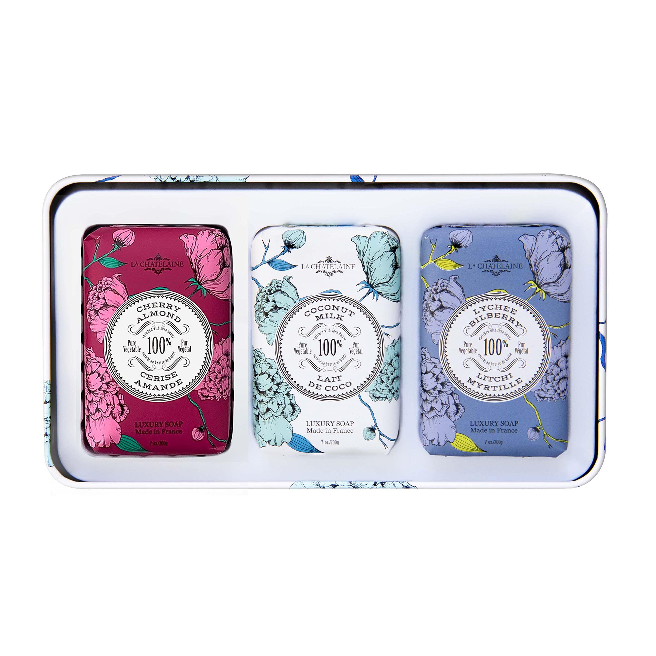 La Chatelaine La Chatelaine Luxury Bar Soap Trio Gift Set Tin  Winter White | Made in France | Natural and Organic Soap Bars | Shea Butter Formula | 3 x 7 oz / 200g (Cherry Almond, Coconut Milk, Lychee Bilberry)