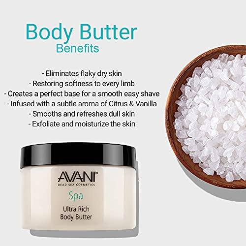 AVANI Dead Sea Cosmetics Avani Ultra Rich Body Butter - Dead Sea Salt, Aloe Vera, Vitamin E, Shea, Jojoba, Sunflower, Olive Essential Oil - Natural Exfoliating & Moisturizing Butter for All Skin Types - Citrus/Vanilla