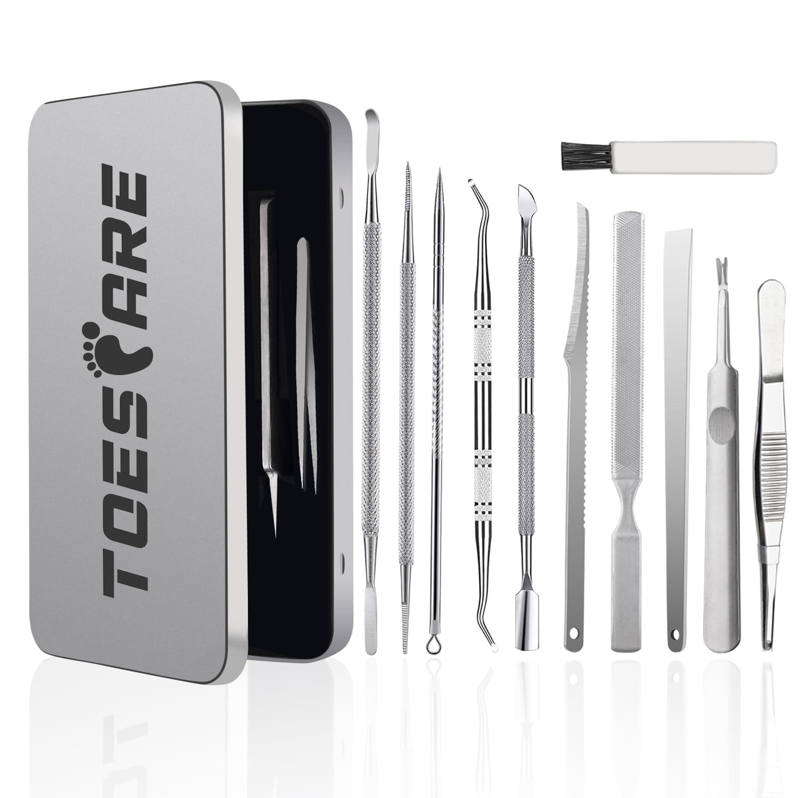 TOESCARE 11pcs Ingrown Toenail Tool Kit - Professional Ingrown Toenail Removal Kit for Podiatry Kit and Pedicure - Toenail Ingrown Correction Complete with Ingrown Toenail File Lifter, Sidewall Cleaner