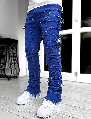 COOLMONAR COOLMONAR Men\'s Ripped Distressed Destroyed Slim Fit Straight Leg Denim Jeans