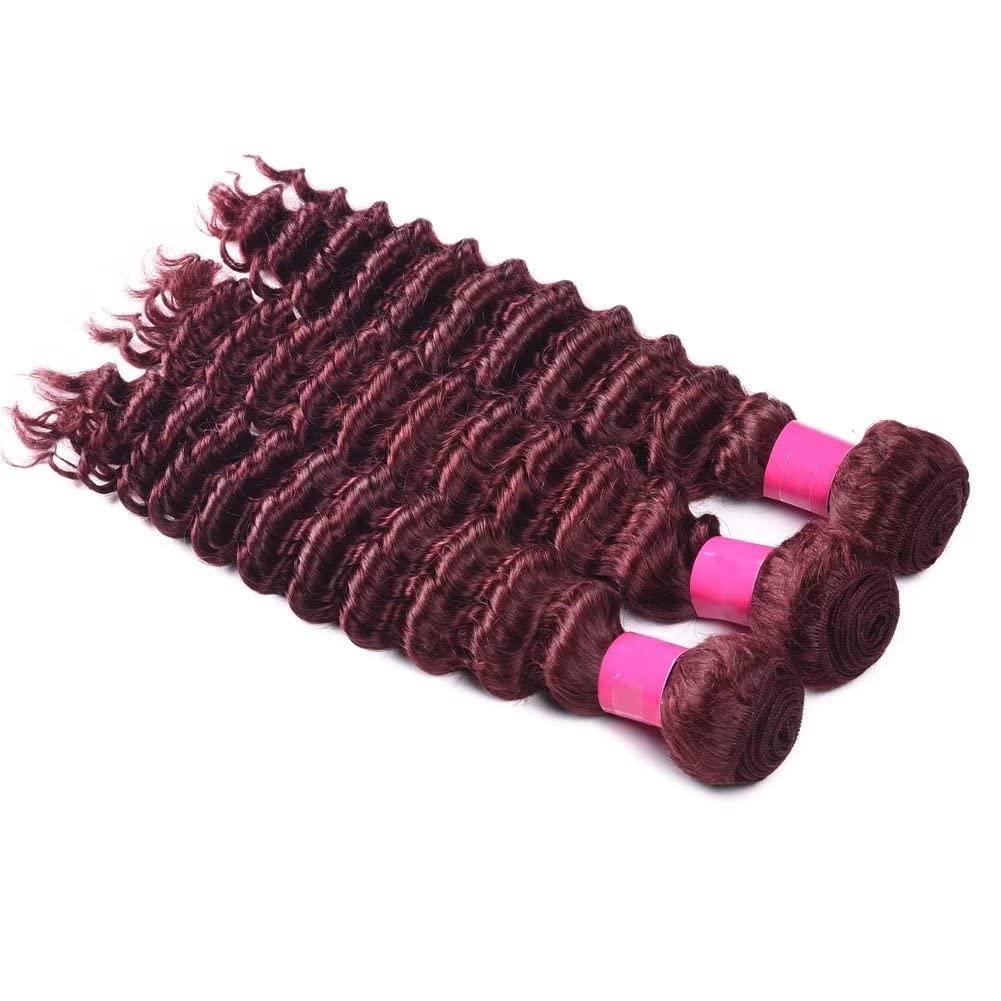 FEEL ME 99j Deep Wave Human Hair Bundles Brazilian Hair Weave 3 Bundles Red Burgundy Deep Curly Human Hair Bundles 14 16 18 Inch 10A Unprocessed Brazilian Curly Virgin Hair Extensions