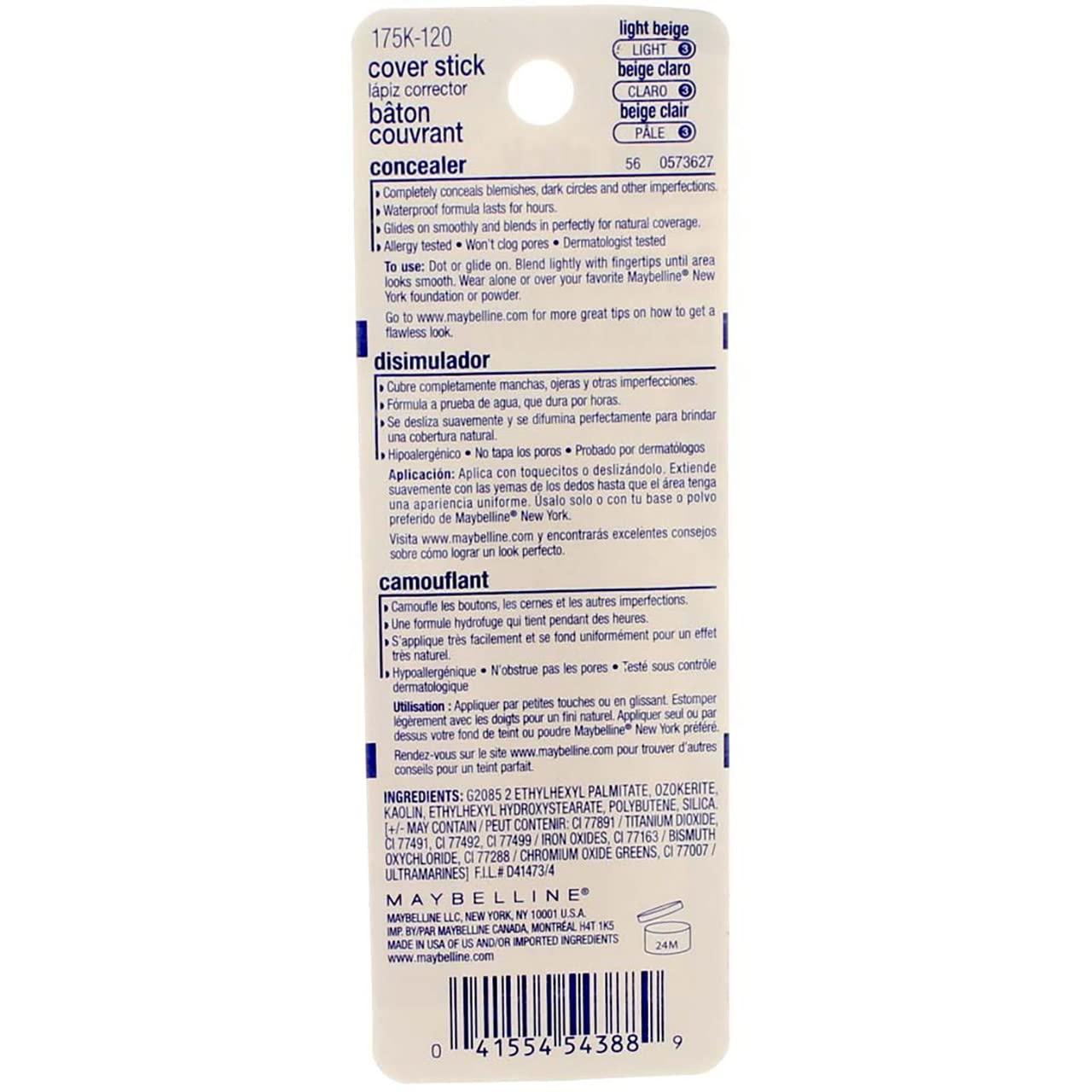 MAYBELLINE Maybelline Cover Stick Concealer, Light Beige [120], 0.16 oz (Pack of 3)