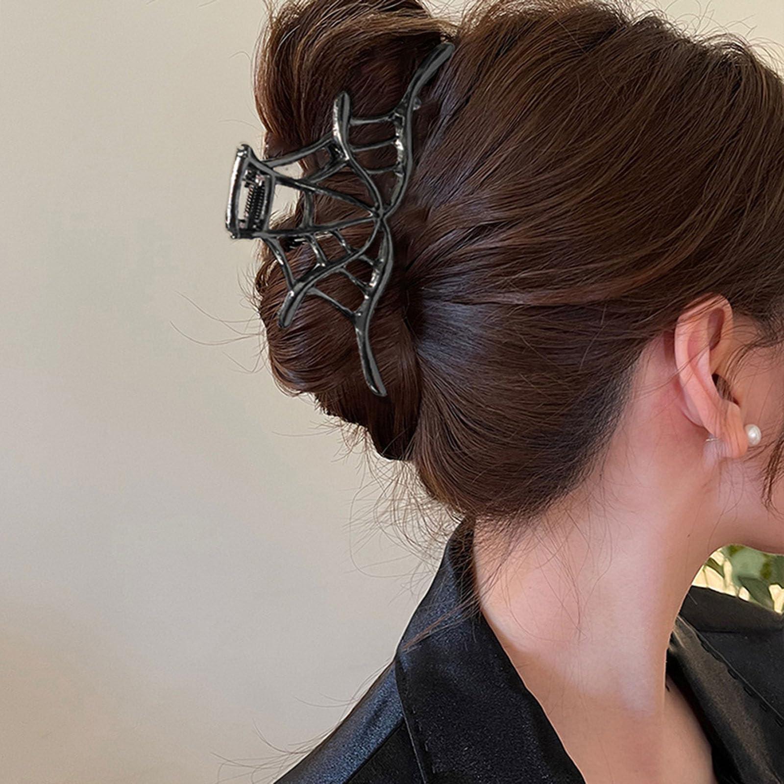 DUJUAN 1pcs Black Cobweb Hair Clips - Halloween Metal Spider Claw Clips Medium Gun Black Alloy Cobweb Designs Shark Hair Claw Clips Strong Spring Halloween Hair Accessories for Adult