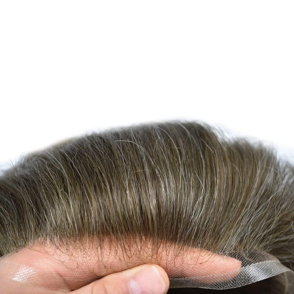 LHC Toupee for men Hairpieces Undetectable Full Soft French Lace Men Toupee Hair System Human Hair Replacement Systems Men Hair Wig Units 8X10\"-120% density#420 Medium Brown with 20% Gray