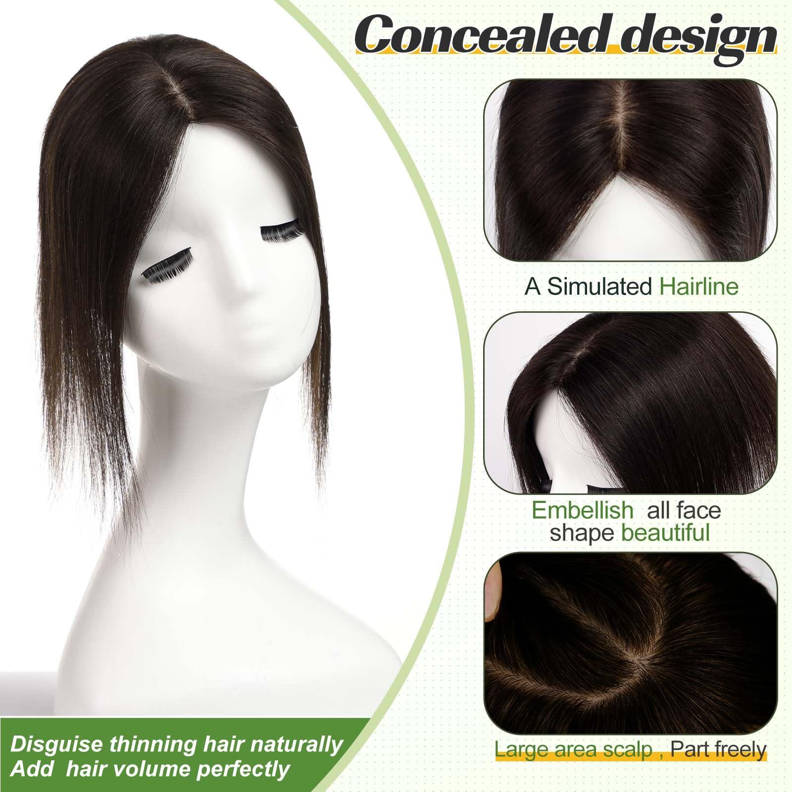 starluck starluck Hair Toppers for Women 100% Real Human Hair, 12 Inch Black Brown No Bangs, Pure Hand-Tied Silk Base with 3 Clips in Wiglets Toppers,Human Hair Toppers for Women with Thinning Hair