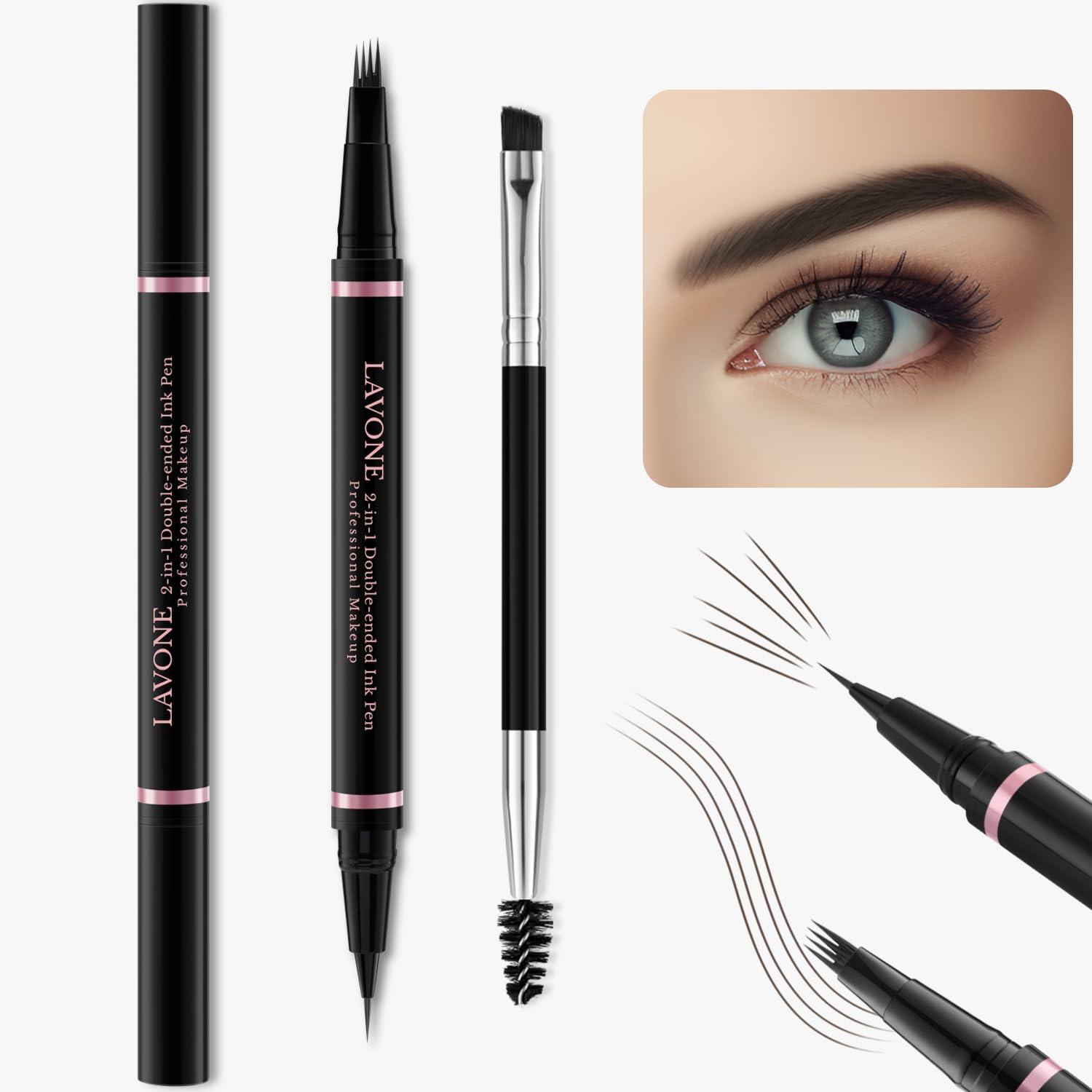 LAVONE Eyebrow Pencil Makeup Kit, with Waterproof 2-IN-1 Microblading Eyebrow Pen, Eyebrow Pomade, Eyeliner and Dual-ended Eyebrow Brush, Brow Pencil Kit for Natural Eyebrows - Medium Brown