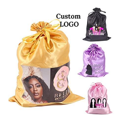 Ecojunmi Custom Printed Wig Storage Satin Bags with Drawstring, 20-100 Pcs/Lot Personalized Logo Silk Hair Bag For Hair Bundles Headband Wig Lace Wig, Pouches Gift Bags Cosmetic Bags (50Pcs/Lot, White)