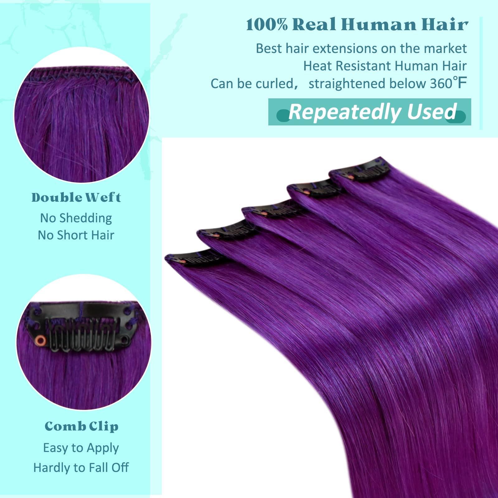 RUNATURE Purple Hair Extensions Bundles: Clip in Hair Extensions Real Human Hair Dark Purple 25g/5pcs and 70g/5pcs 16 Inch Full Head Colored Hair Extensions Purple Clip in Extensions