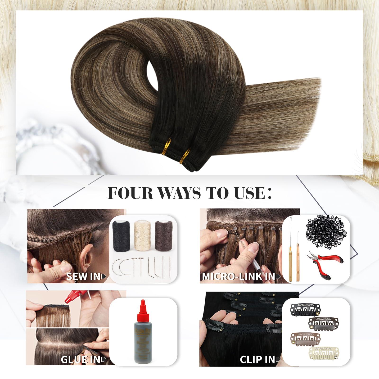 Moresoo Moresoo Clip in Hair Extensions Balayage Black to Dark Brown with Caramel Blonde 5 Pieces 70G 14inch and Sew in Hair Extensions Real Human Hair 100G 16Inch Bundle