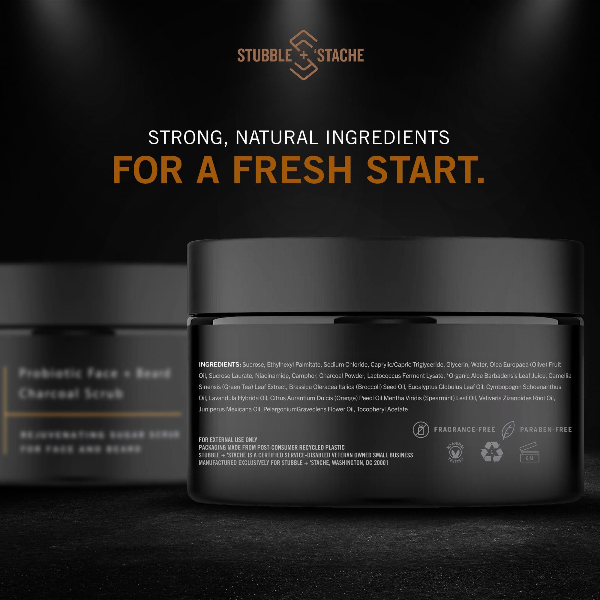 stubble & stache stubble & stache Exfoliating Probiotic Face & Beard Charcoal Sugar Scrub for Men - Deep Cleanse, Pre-Shave Wash, Natural Pore Minimizing Scrub for Daily Use - 3.4 fl oz