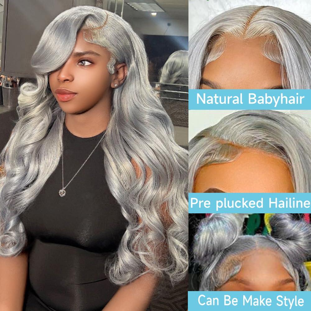 Manyisi Grey Lace Front Body Wave Wig - Human Hair 13x4 28 inch Pre-Plucked w/ Baby Hair 180% Density