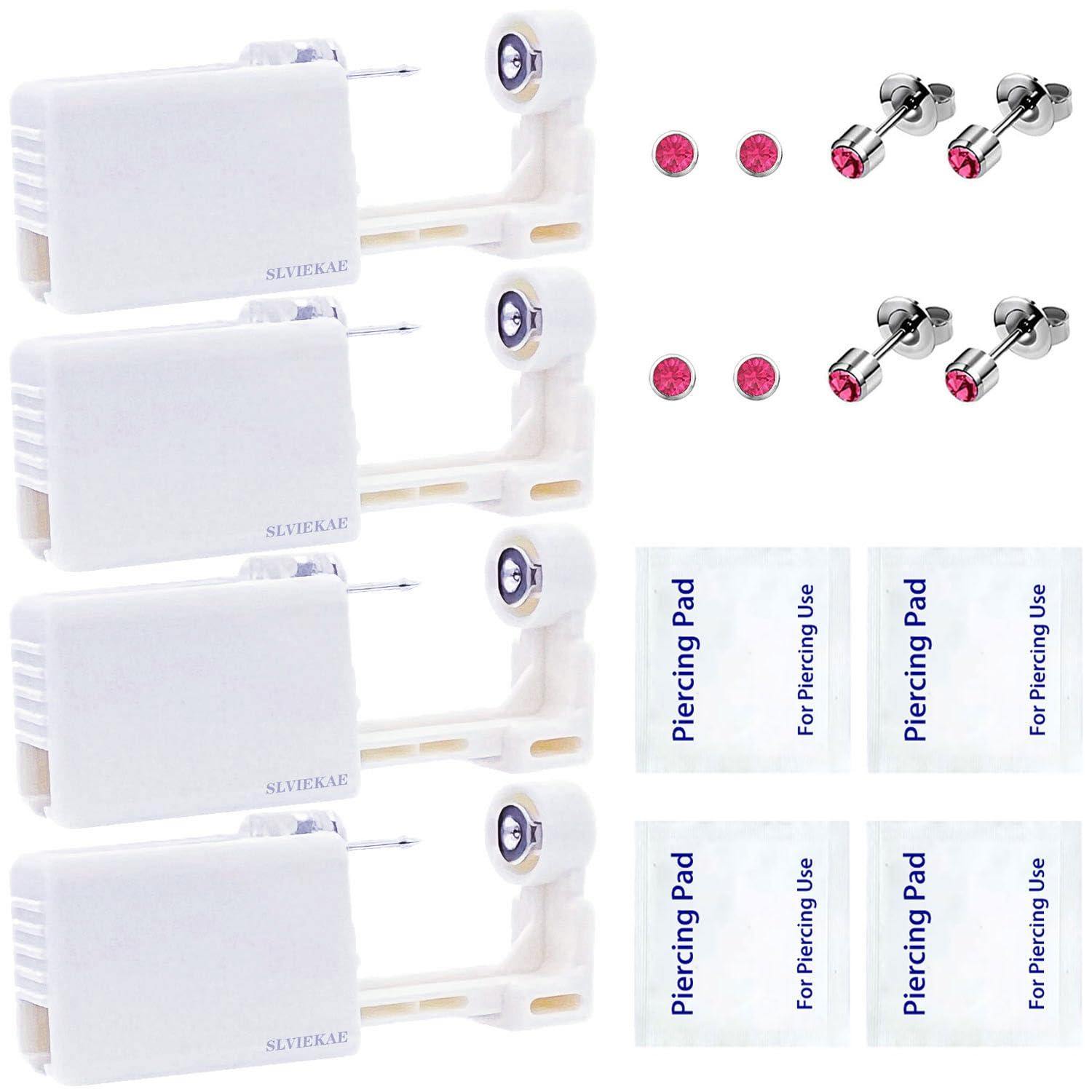 SLVIEKAE Ear Piercing Kit 4 Pcs Ear Piercing Gun Disposable Ear Piercing Gun Kit with Cubic Zirconia Silver Earring Studs (Red)