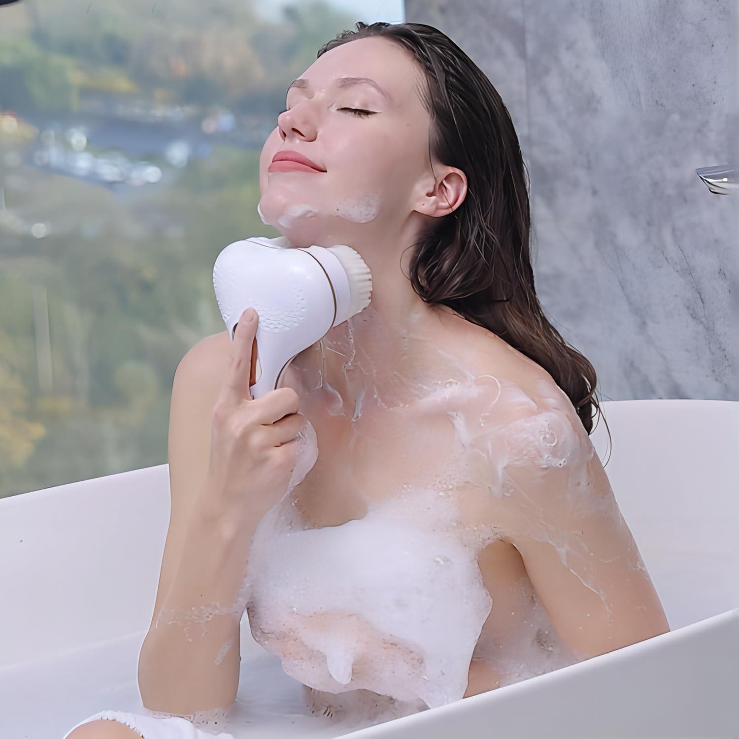 PeaMirmy Electric Body Brush,5 Attachments Brush Heads Electric SPA Brush Spin Scrubber for Shower Bathing Cleansing Wash Deep Cleaning with Silicone Rechargeable IPX7 Waterproof