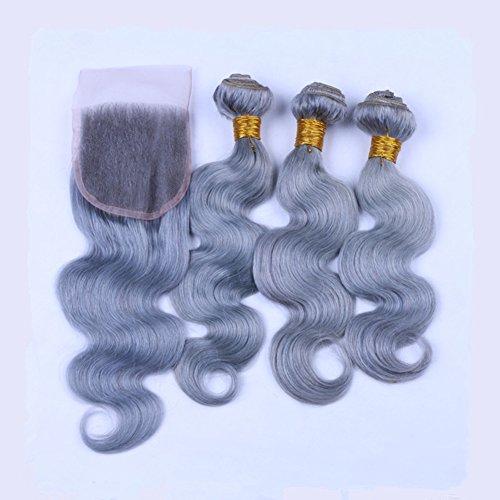 Ruma Hair Ruma Hair Pure Grey Hair Weave 3 Bundles With 4x4'' Lace Closure Silver Grey Body Wave Wavy Virgin Human Hair Extensions With Free Part Top Closures Piece (12 with 14 16 18)