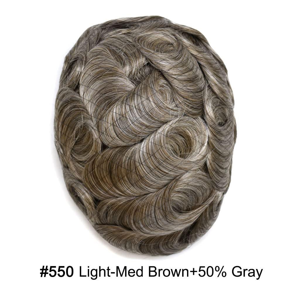 LHC NY Men Hair System Toupee for Men Hairpiece Mens Toupee French Lace Front Human Hair Replacement Hair Prosthesis 8X10\"-120% density#550 Medium Light Brown with 50% Gray