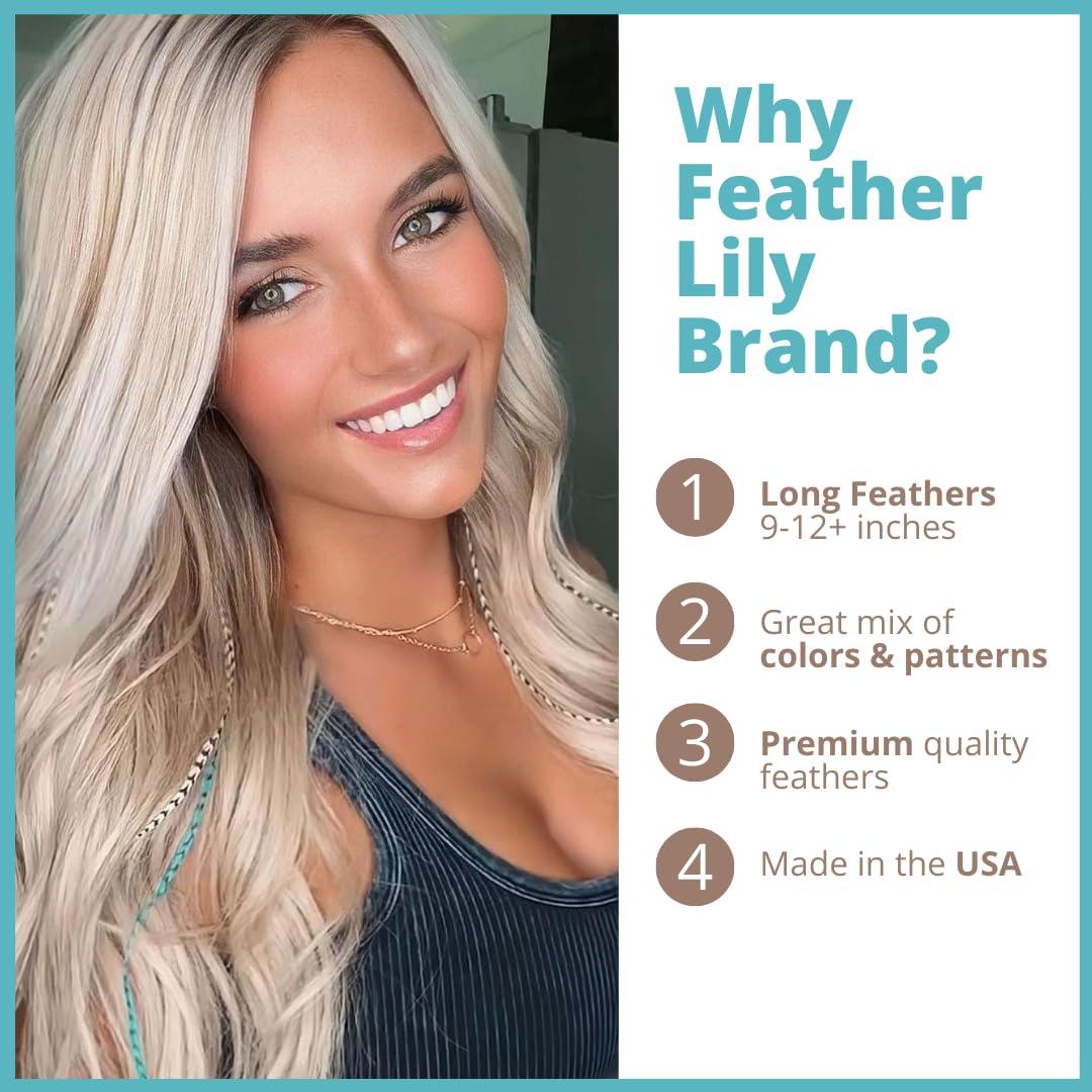 Feather Lily Hair Feathers Extensions Kit, Long Real Rooster Feathers for Hair with DIY Microlink Beads and Loop Tool, Western Turquoise Blue and Brown Naturals