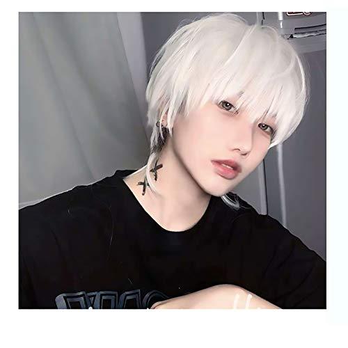 WYH Human Hair Wigs Mens Wig Cosplay Costume Fluffy Wavy Wigs White Wig Synthetic Hair Fancy Dress Stylish Party Youngs Freetress Wigs (Color : White)