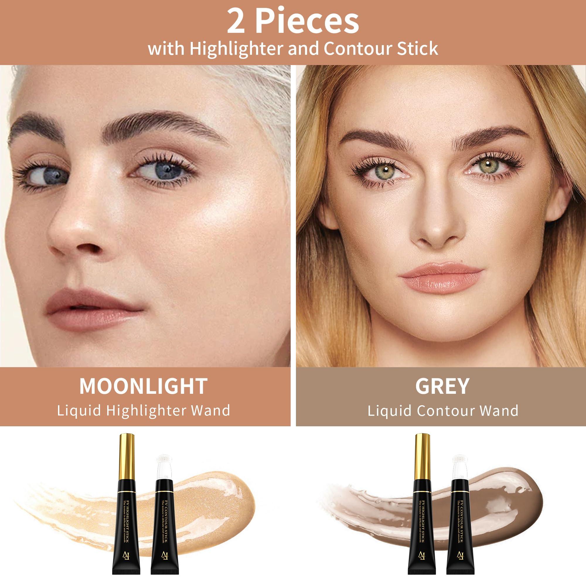FV FV 2PCS Cool Toned Contour & Liquid Highlighter Stick, Blendable & Natural Finish Cream Contour Makeup Set, Long Lasting Face Illuminator & Shaping Stick, Cruelty-free & Vegan, 02&04