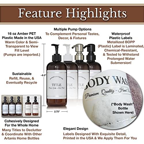 Artanis Home Amber Refillable Shampoo and Conditioner Bottles - Body Wash, Shampoo and Conditioner Dispenser - PET Plastic Shampoo Bottles Refillable with Pump - Waterproof Labels - 16 oz, 3 Pack (Black Satin)